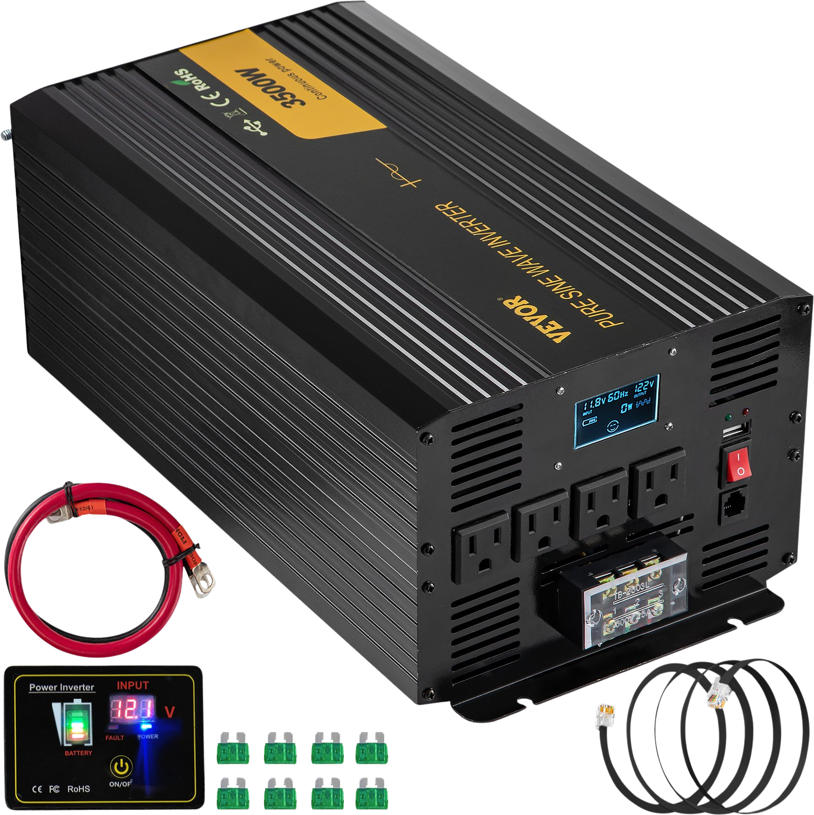 Vevor Pure Sine Wave Inverter 3500W DC 12V to AC 120V LCD Display and Remote Controller New