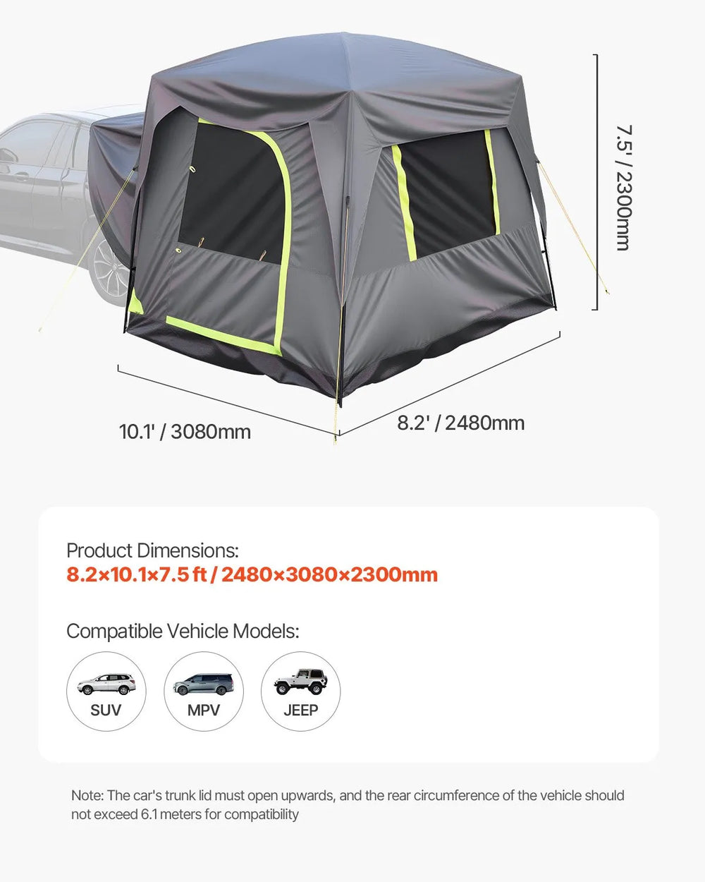 Vevor SUV Camping Tent Dual-Use 10' x 8' Waterproof 5-8 Person New