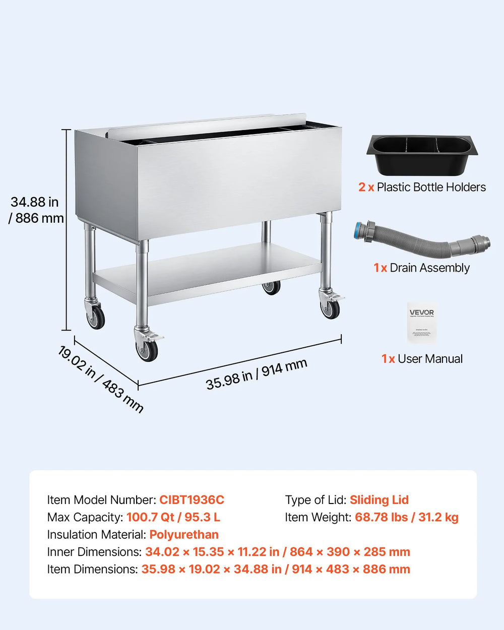 Vevor Ice Bin 100 Qt Capacity 36 x 19 x 35 in. Stainless Steel with Sliding Lid New