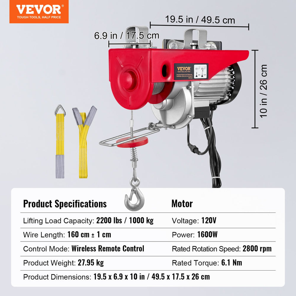 Vevor Electric Hoist 2200 lbs Lifting 1600W 120V 40' Steel Cable And Wireless Remote New