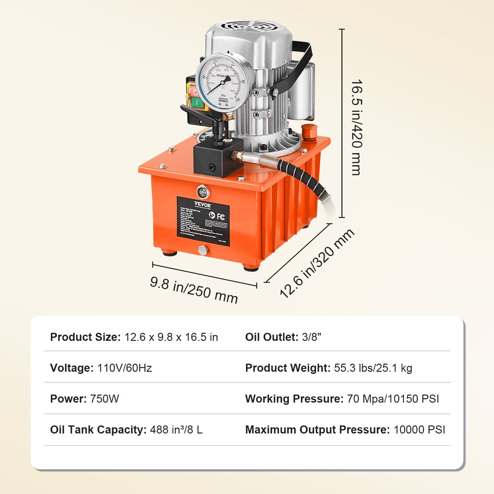 Vevor Hydraulic Pump 10000 PSI 750W 110V Single Acting Manual Valve Electric New