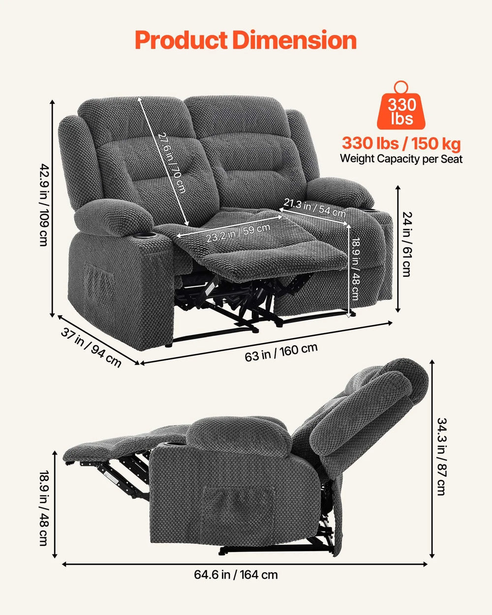 Vevor Loveseat Recliner Sofa with Heating and Massage Soft Corduroy New