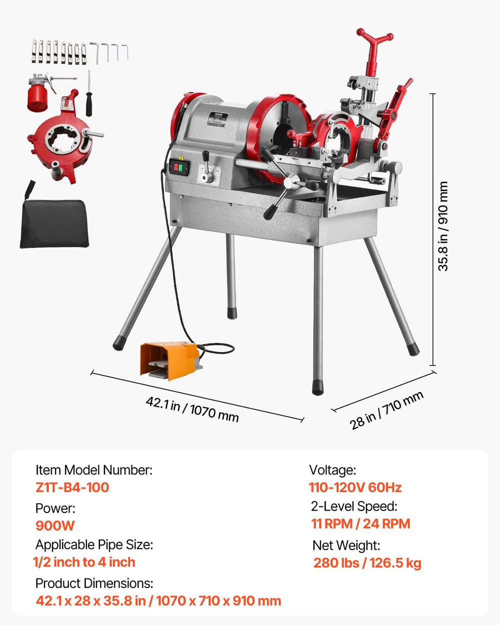 Vevor Electric Pipe Threader Machine 2-Speed 900W for 1/2" to 4" Pipes New
