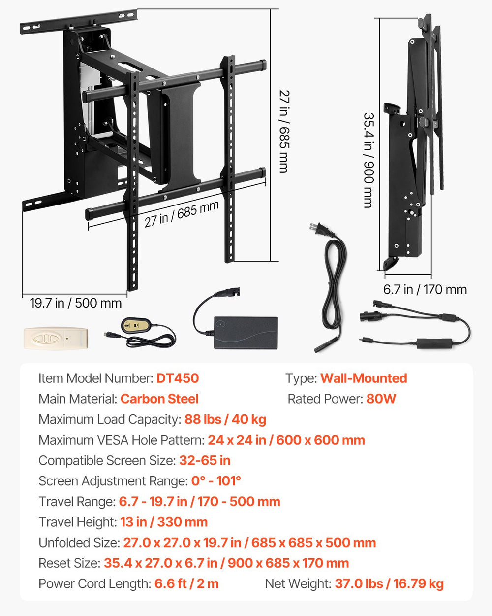 Vevor Motorized TV Wall Mount with Remote Control for 32-65" TVs New