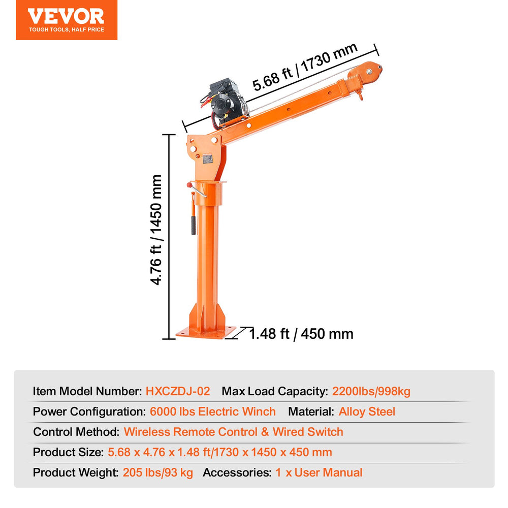 Vevor Crane Hoist for Pickup Truck 360° Rotation 2200 Lbs Load Capacity Wireless Control New