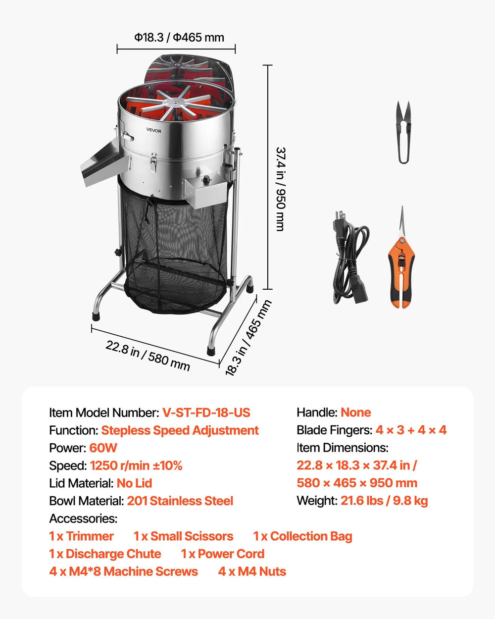 Vevor Electric Bud Leaf Trimmer 18" Adjustable Speed Stainless Steel Blades New