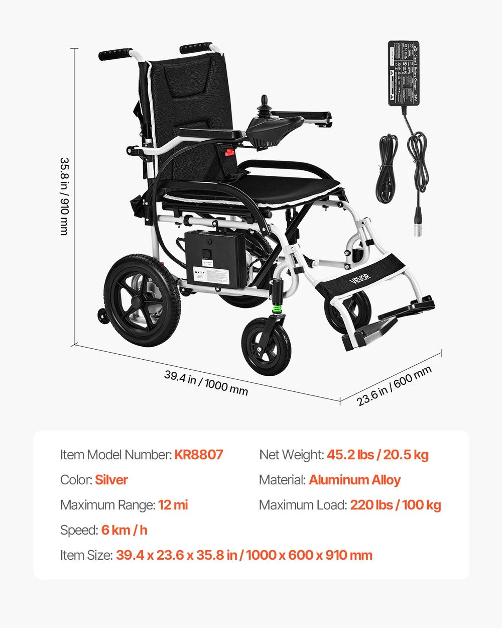 Vevor Electric Wheelchair All-Terrain Foldable 17.7" Seat 3.7 MPH 12 Mile Range 24V New