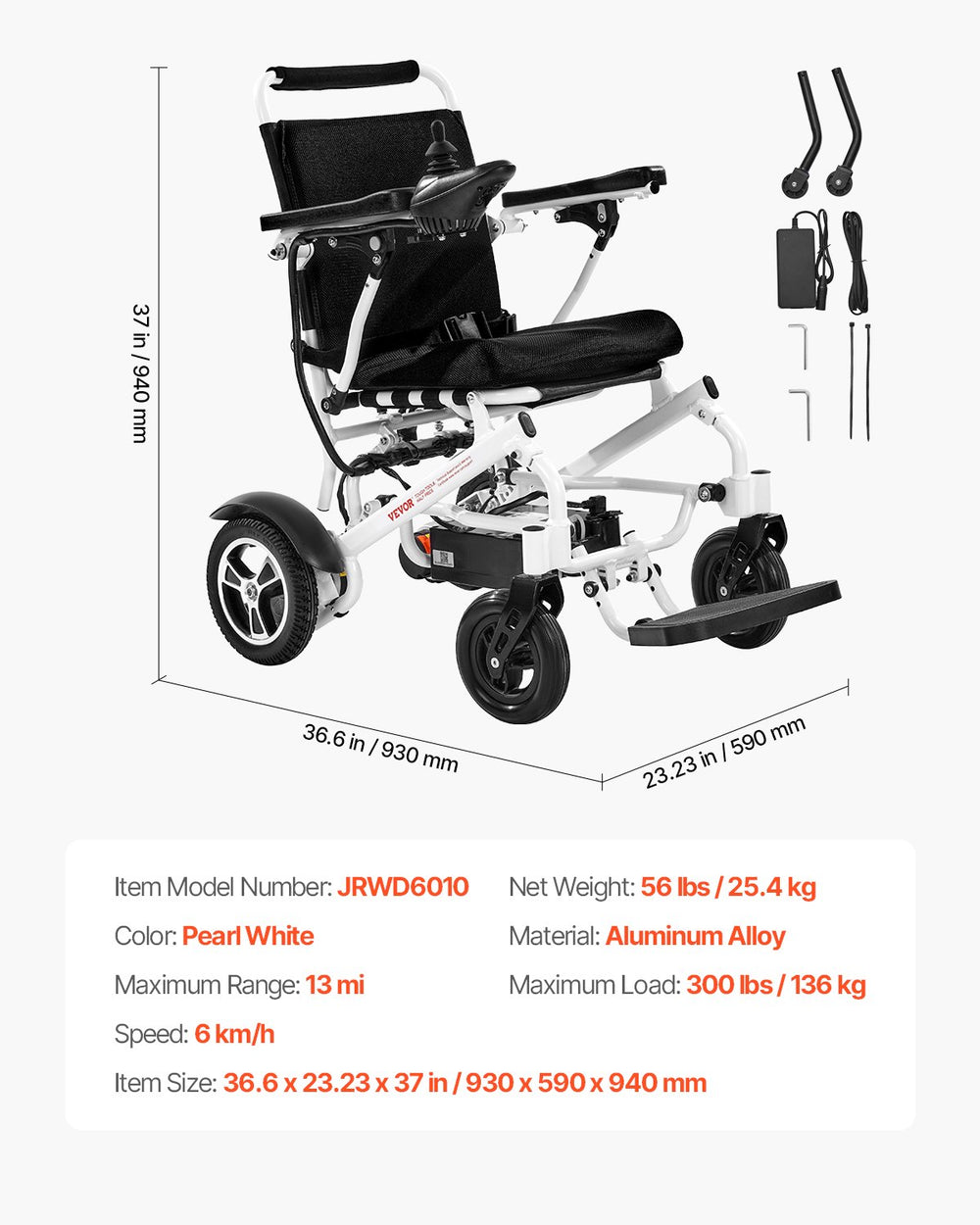Vevor Electric Wheelchair 17.7" Seat Width Foldable with 300 lbs. Capacity 3.7 MPH 13 Mile Range New