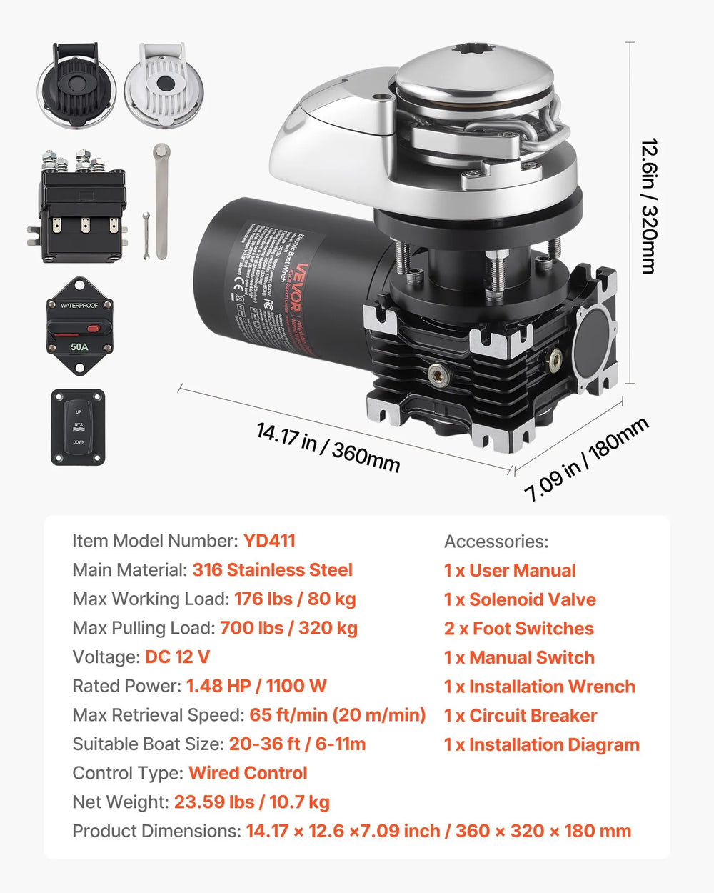 Vevor Windlass Anchor System for 1/4" Chain 700 lbs. Max Pull 12V DC New
