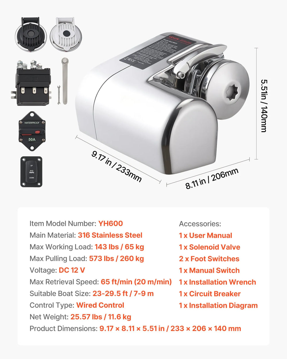Vevor Horizontal Windlass Anchor System for 1/4" Chain 573 lbs. Max Pull 12V DC New