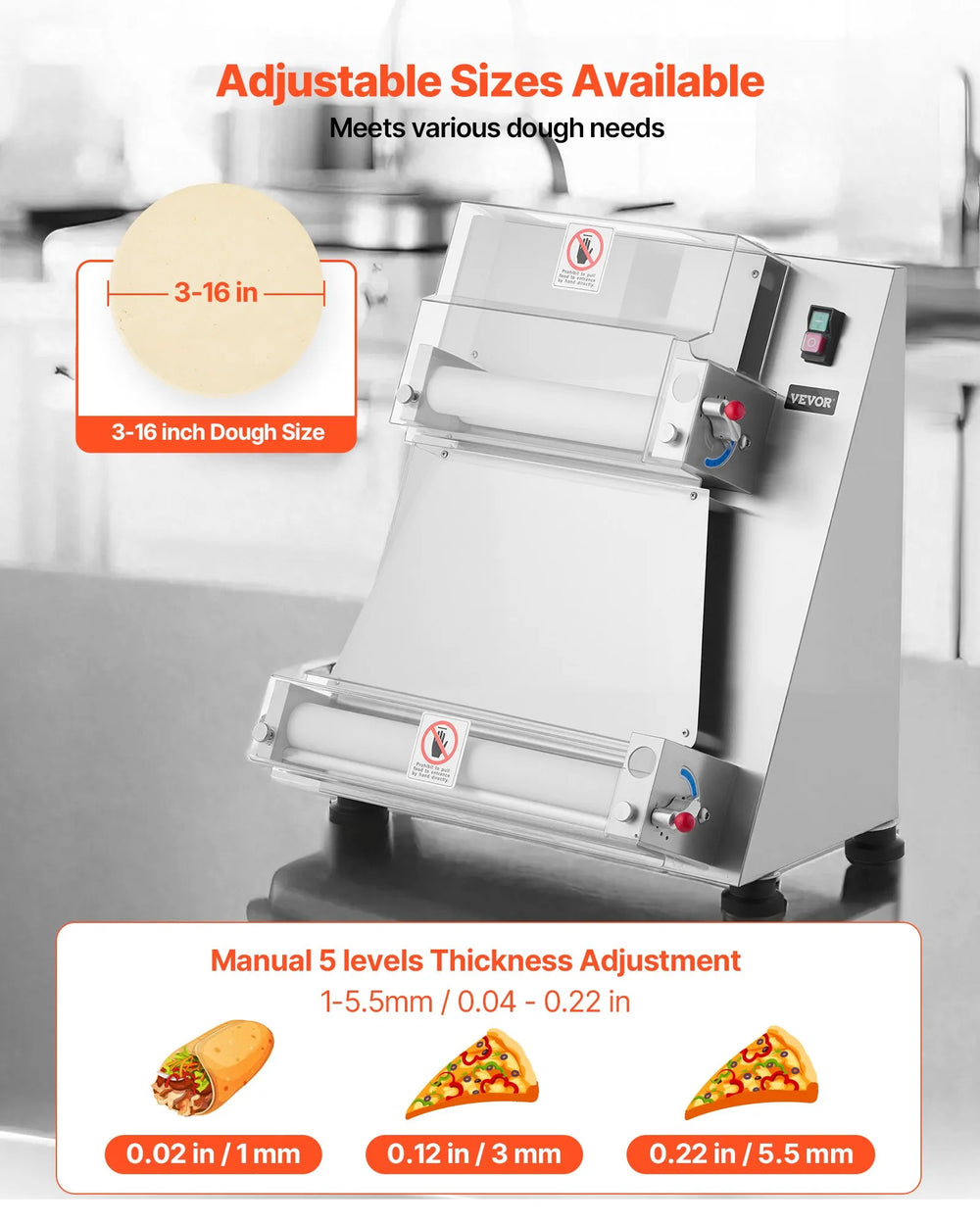 Vevor Pizza Dough Roller Sheeter 3-16 Inch Semi-Automatic Adjustable Thickness 390W New