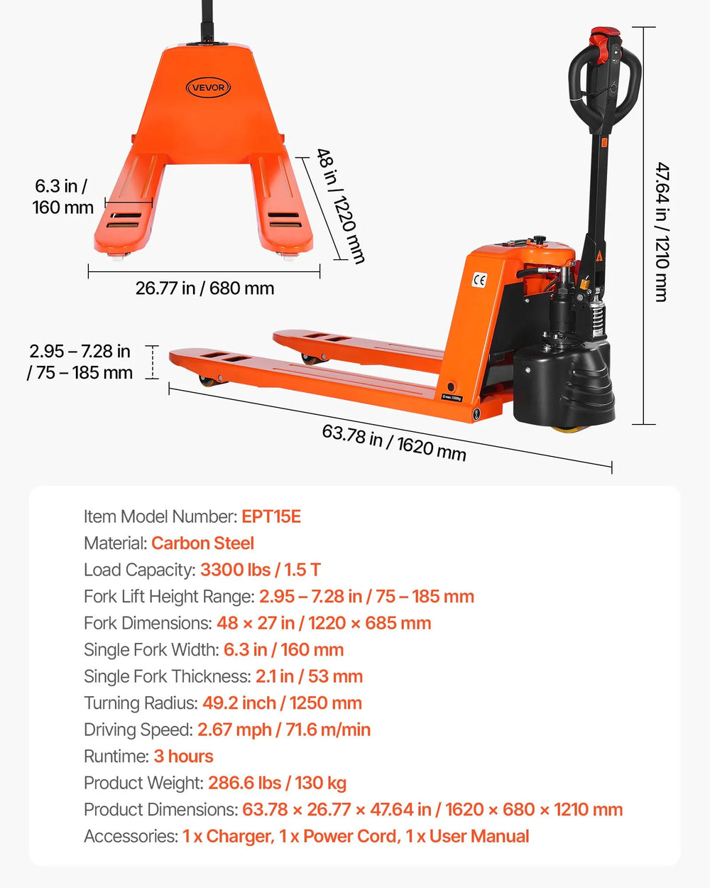 Vevor Electric Pallet Jack 3300 lbs. 48V Lithium Battery 48" x 27" Forks New