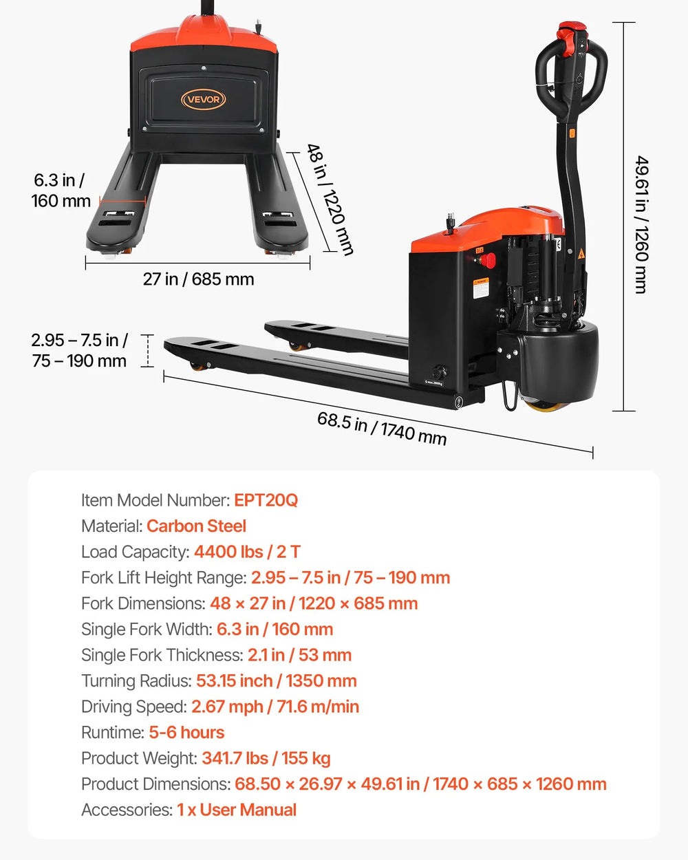 Vevor Electric Pallet Jack 4400 lbs. 48V Lithium Battery 48" x 27" Forks New