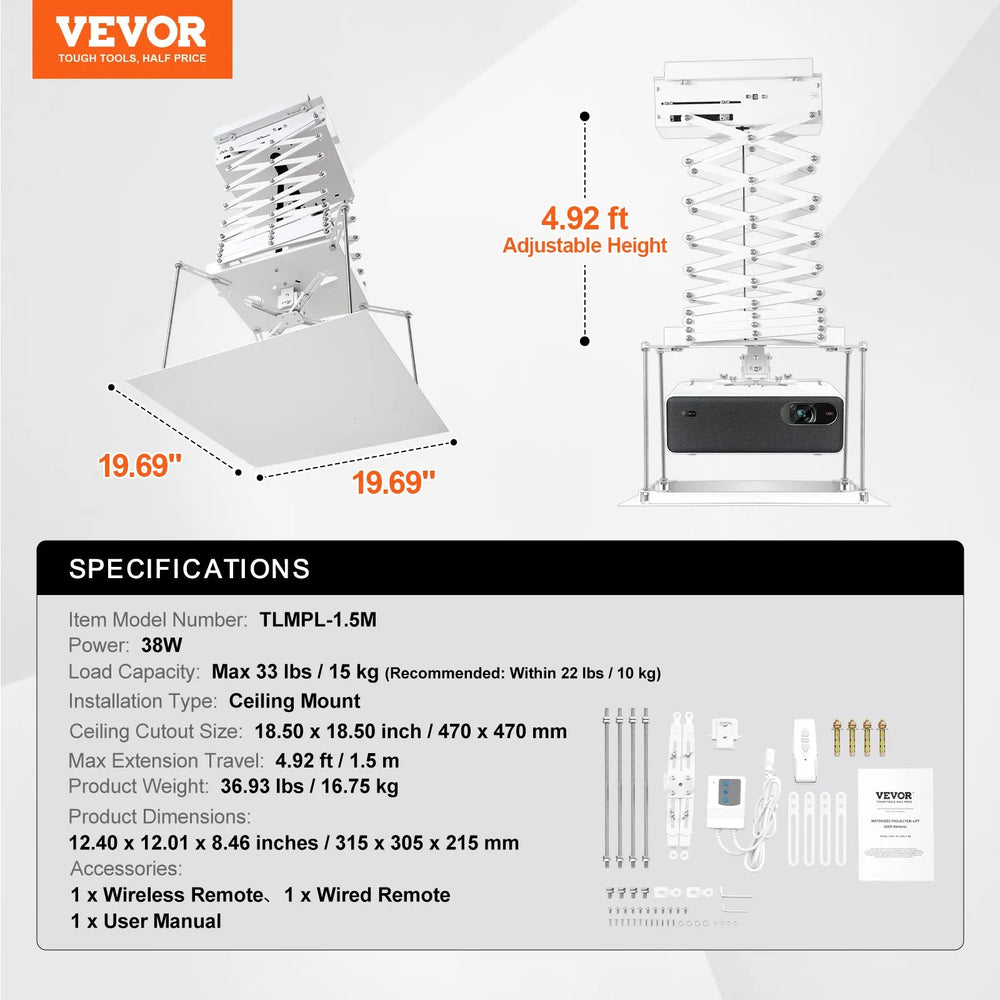 Vevor Motorized Projector Lift 59" Adjustable Height Ceiling Mount with Remote Control New
