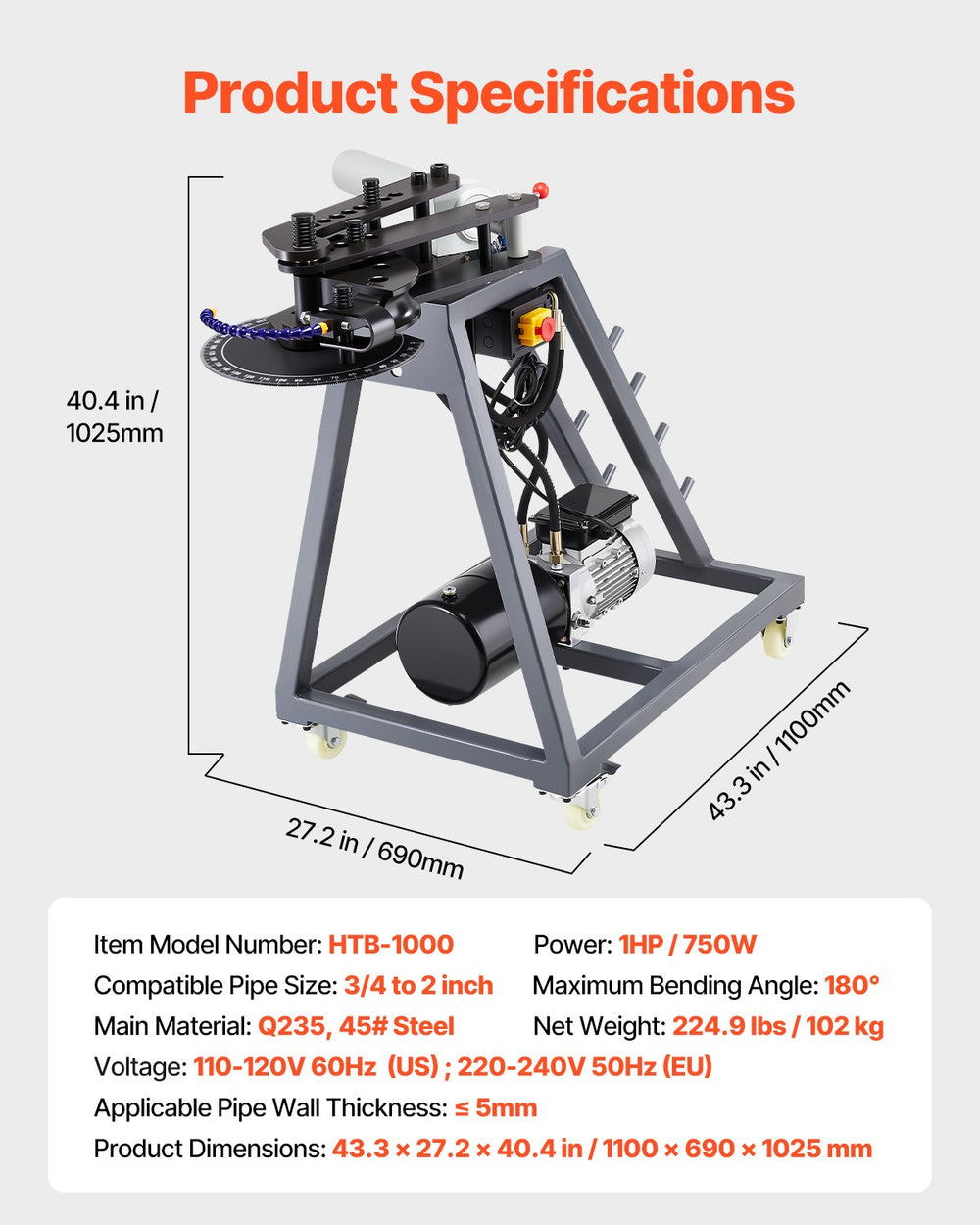Vevor Electric Tube Bending Machine 750W with 6L Hydraulic Cylinder New