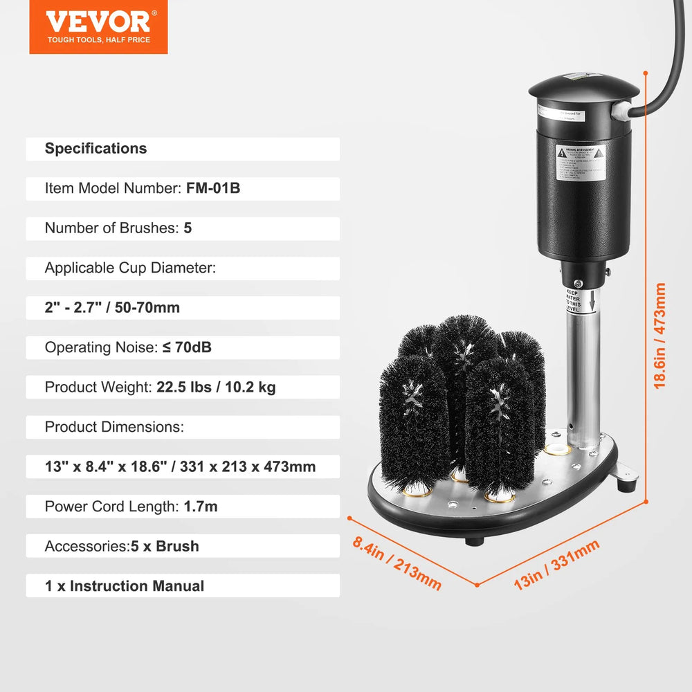 Vevor Electric Bar Glass Washer 5-Brush 360° Cleaner 1200 Glasses/Hour New