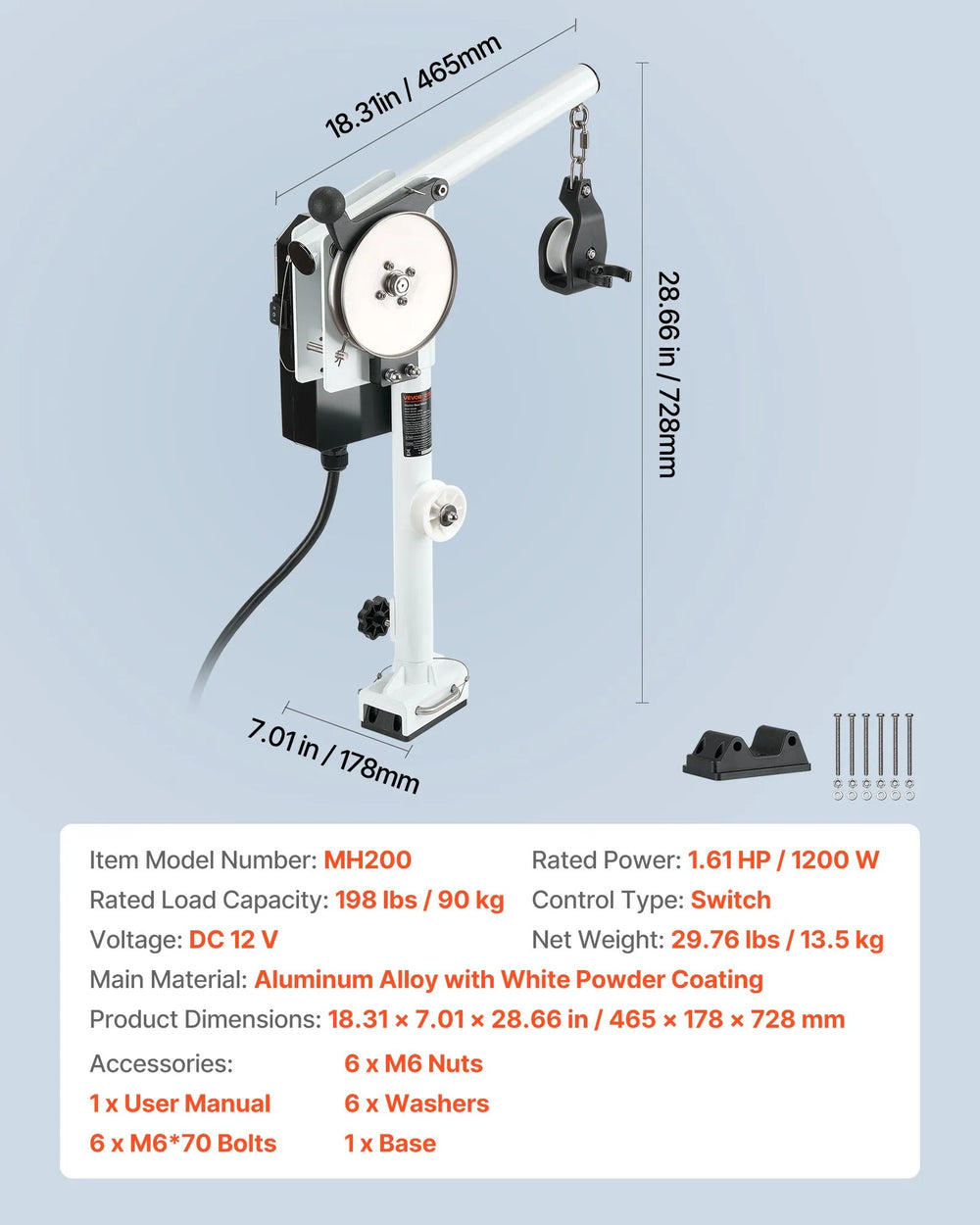 Vevor Line Hauler Boat Winch 198 lbs. Lift Capacity 115 ft/min 12V DC 1200W New