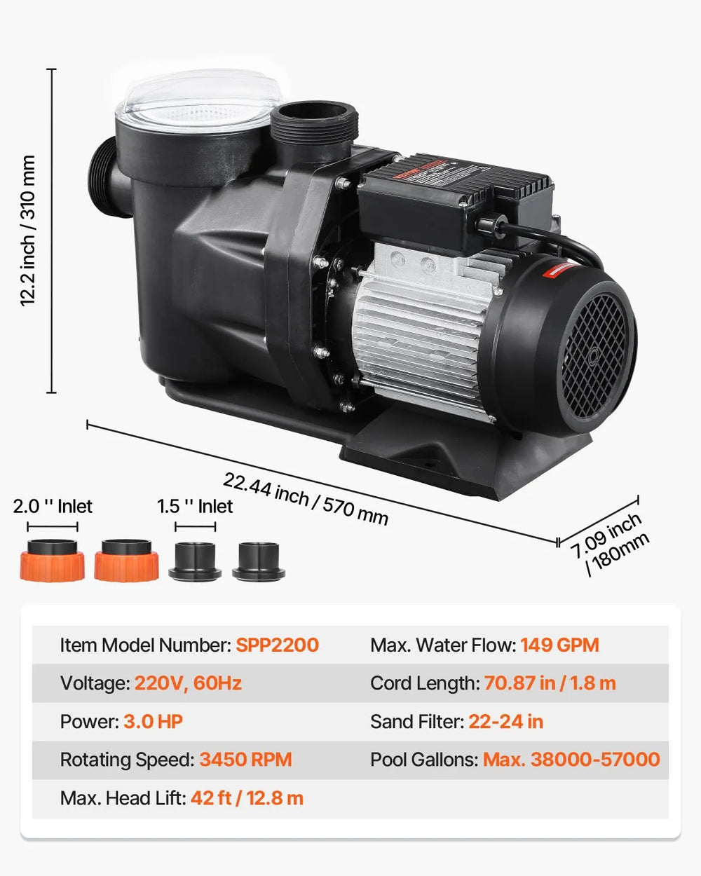 Vevor Above Ground Pool Pump 3 HP Single Speed with Strainer Basket 149 GPM 3450 RPM 220V New