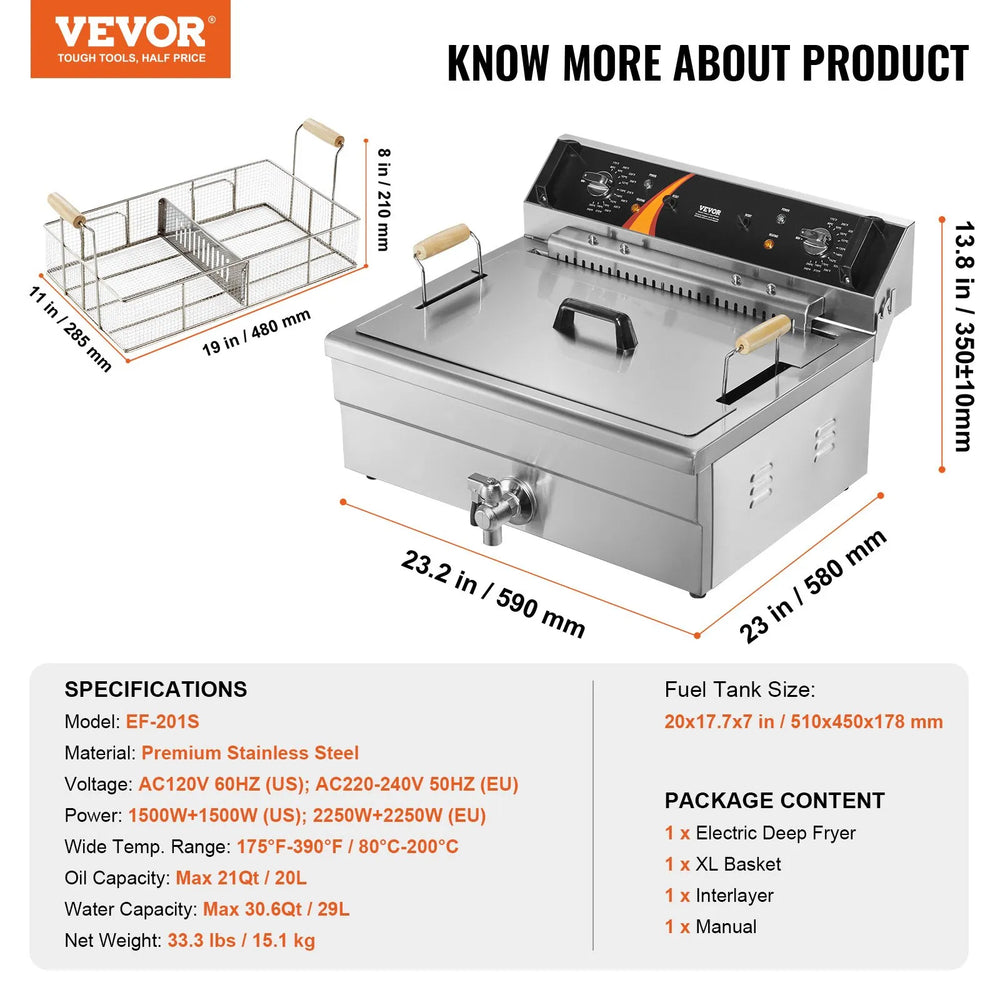 Vevor Countertop Deep Fryer Electric Double Basket 21 Qt. 3000W New