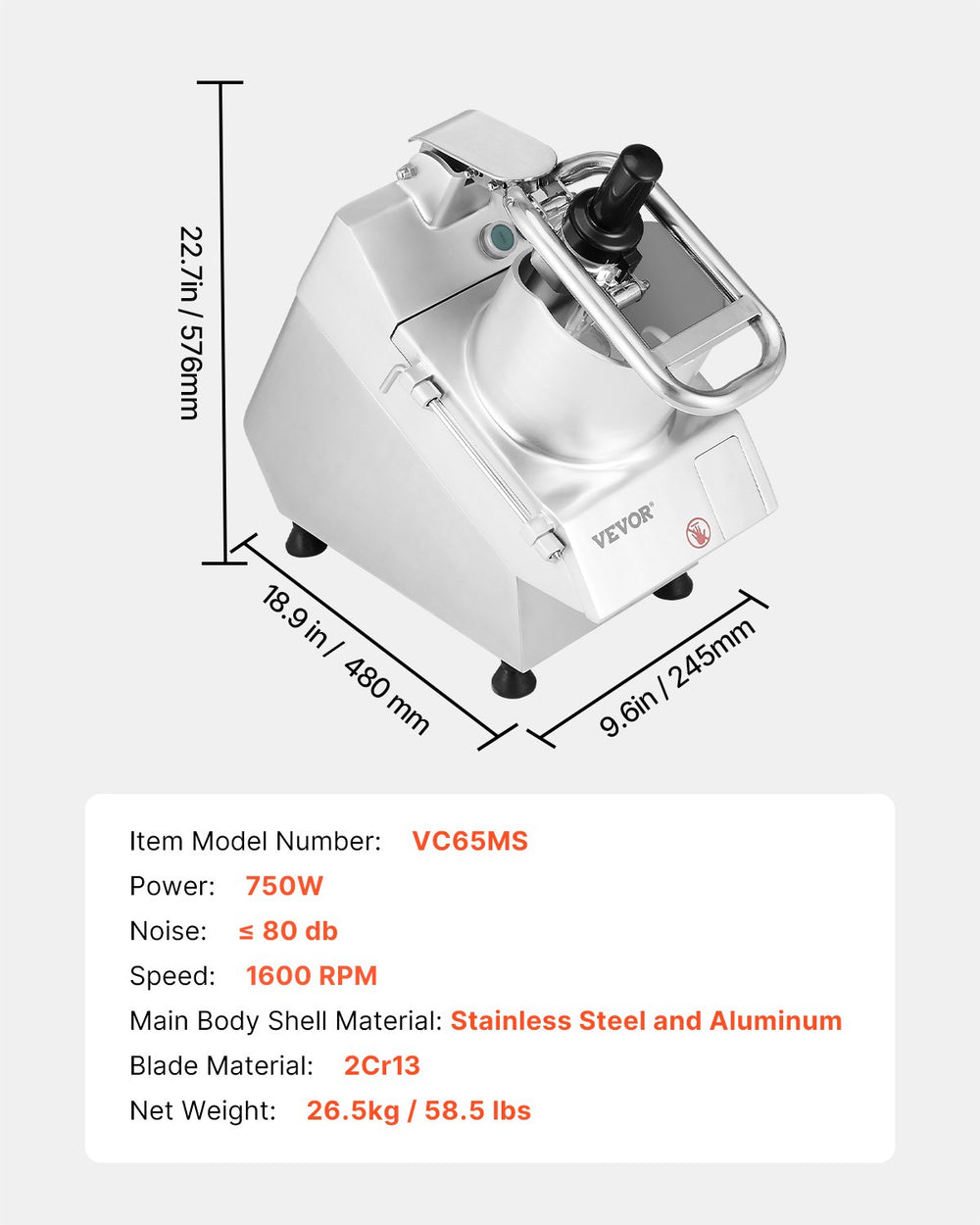 Vevor Food Processor Stainless Steel 750W with 6 Interchangeable Blades New