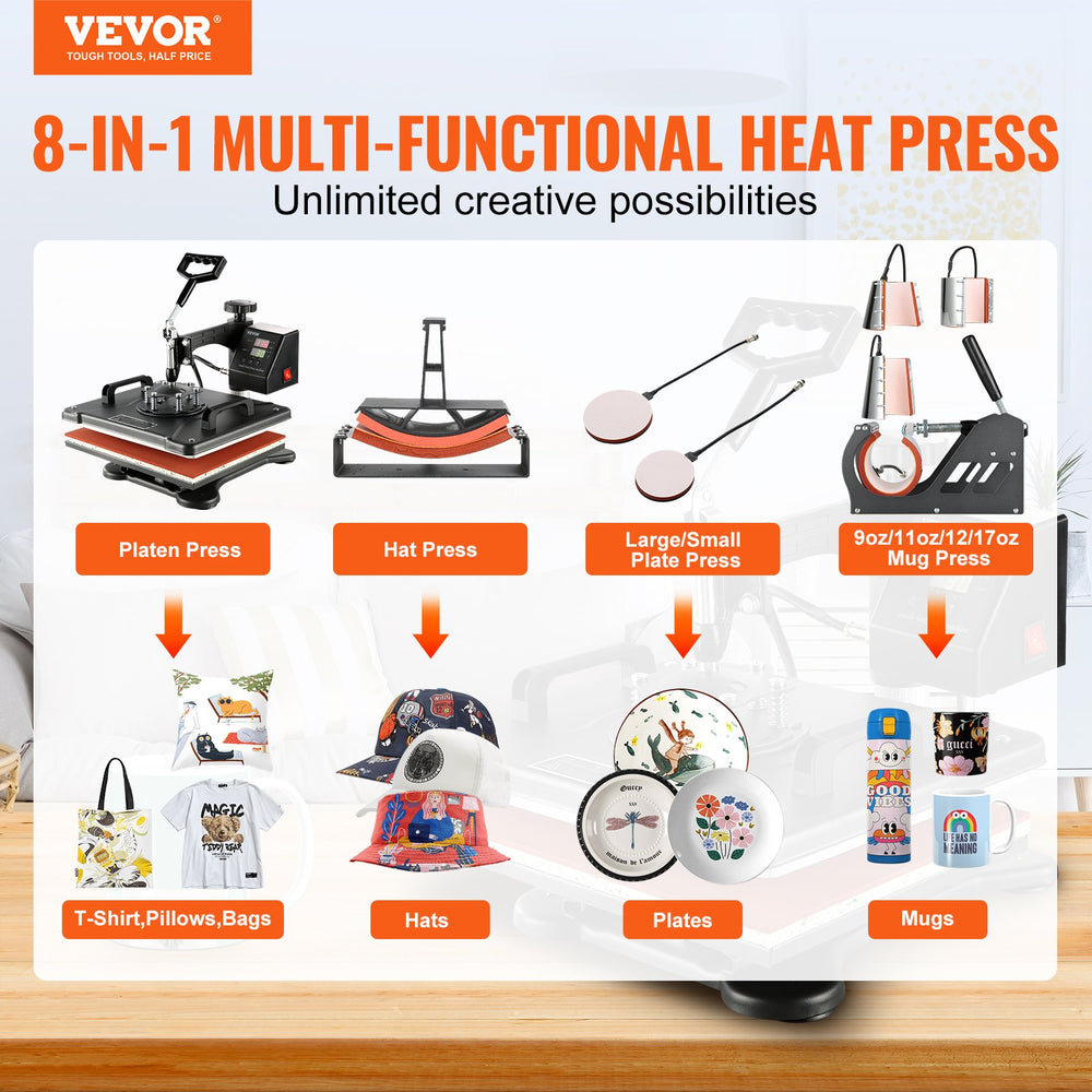 Vevor Heat Press 8-in-1 Machine 12" x 15" Digital Heat Transfer for T-Shirt Mug Hat Plate New