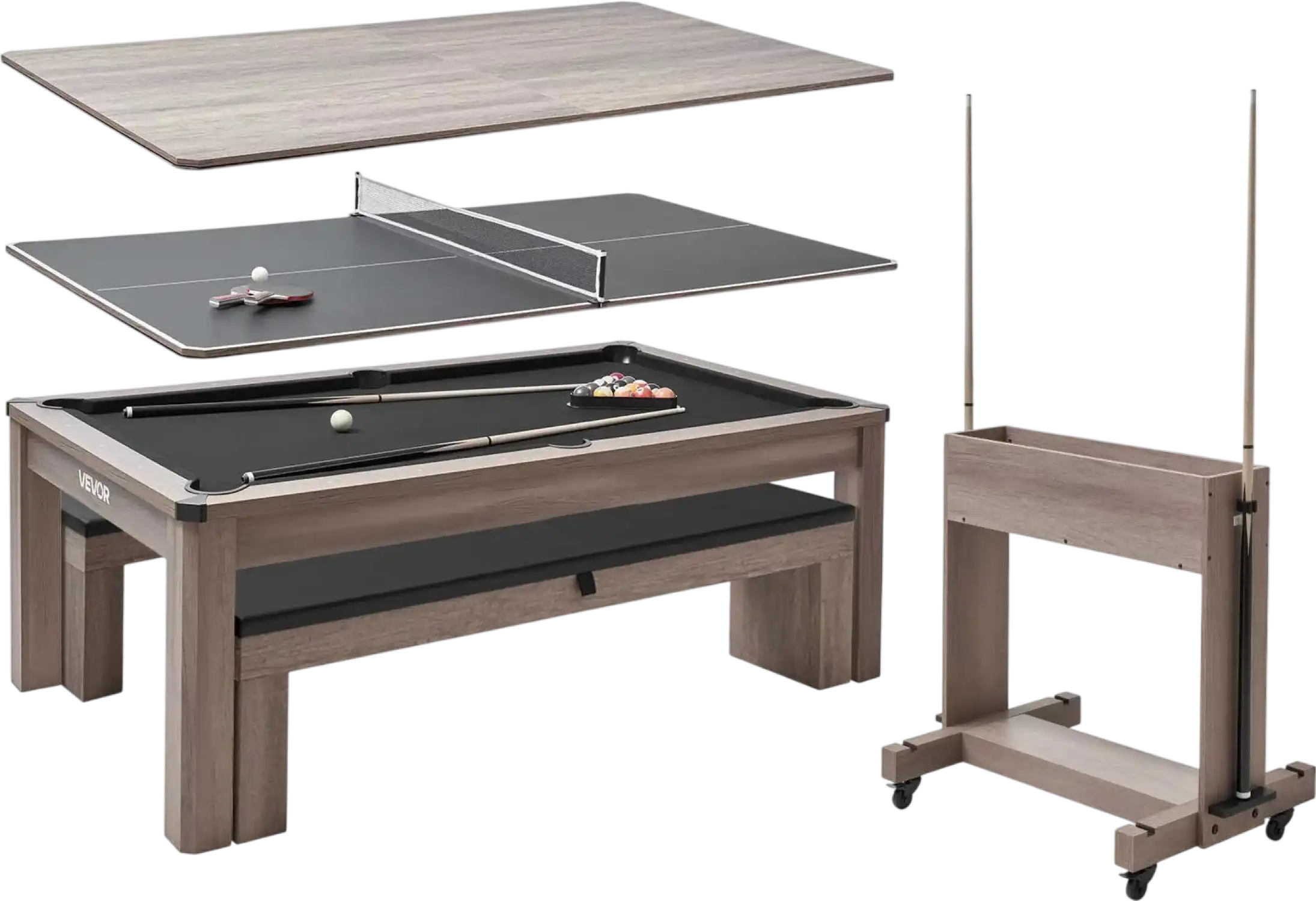 Vevor Pool Table Combo Set 3-in-1 Ping Pong and Dining Top with Benches New