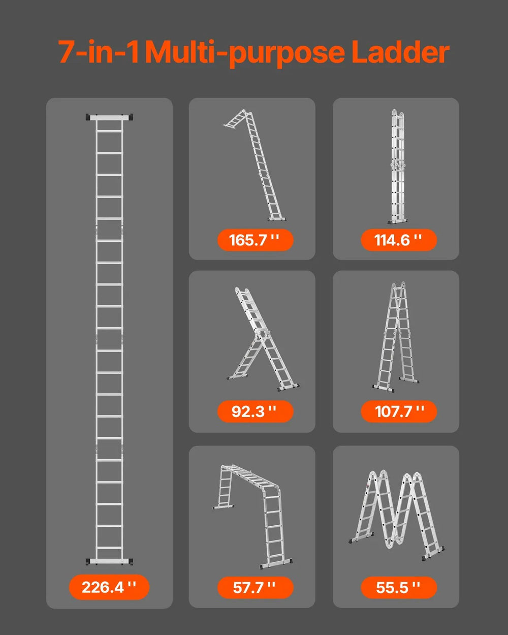 Vevor Multi-Purpose Folding Ladder 19ft Reach Height 7-in-1 Versatility Aluminum Frame New