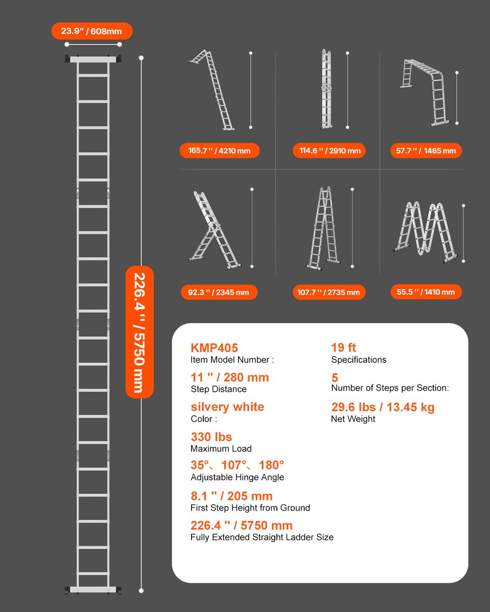 Vevor Multi-Purpose Folding Ladder 19ft Reach Height 7-in-1 Versatility Aluminum Frame New