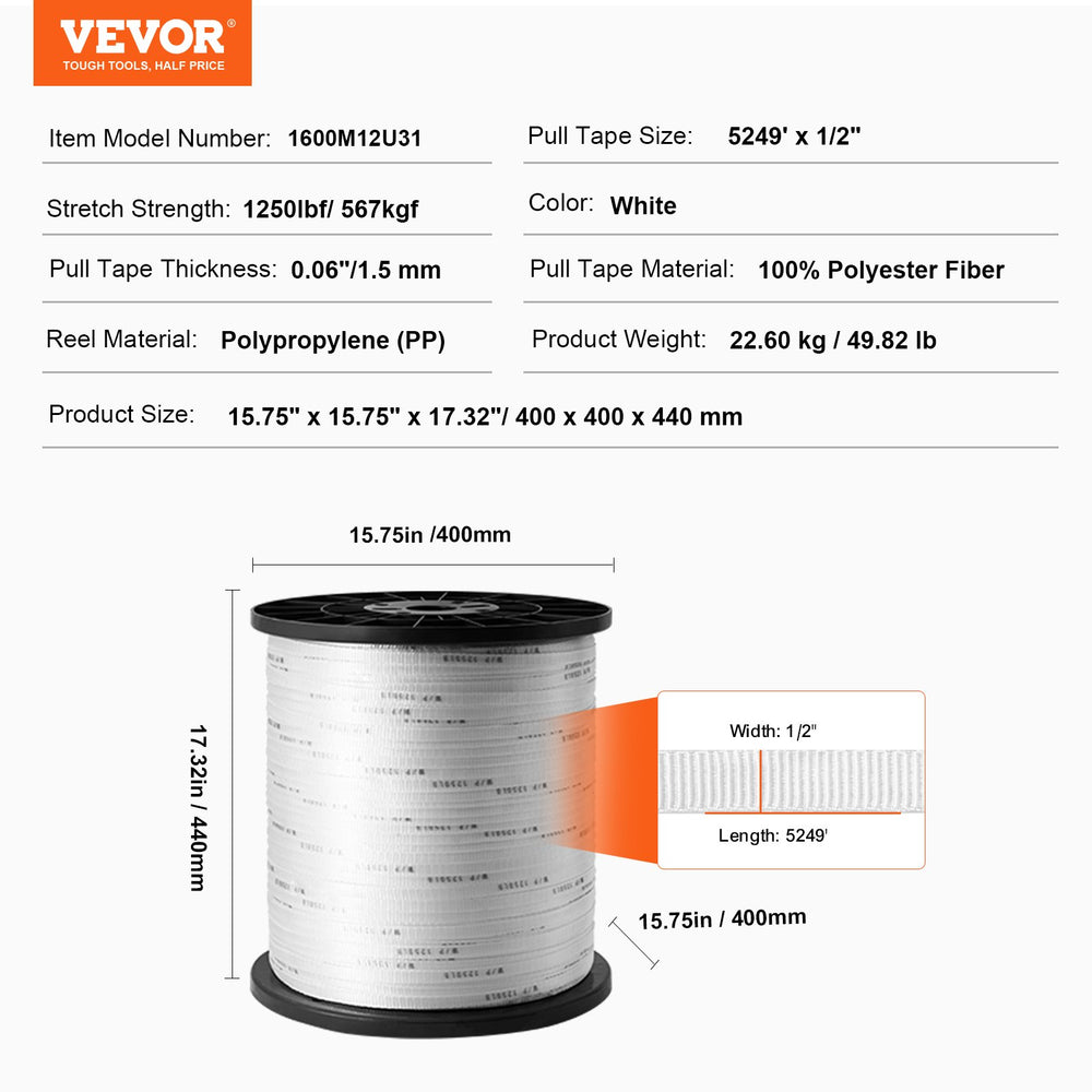 Vevor Polyester Pull Tape 1/2" Wide 5,249' Length Flat Rope 1250 Lbf Tensile Capacity New