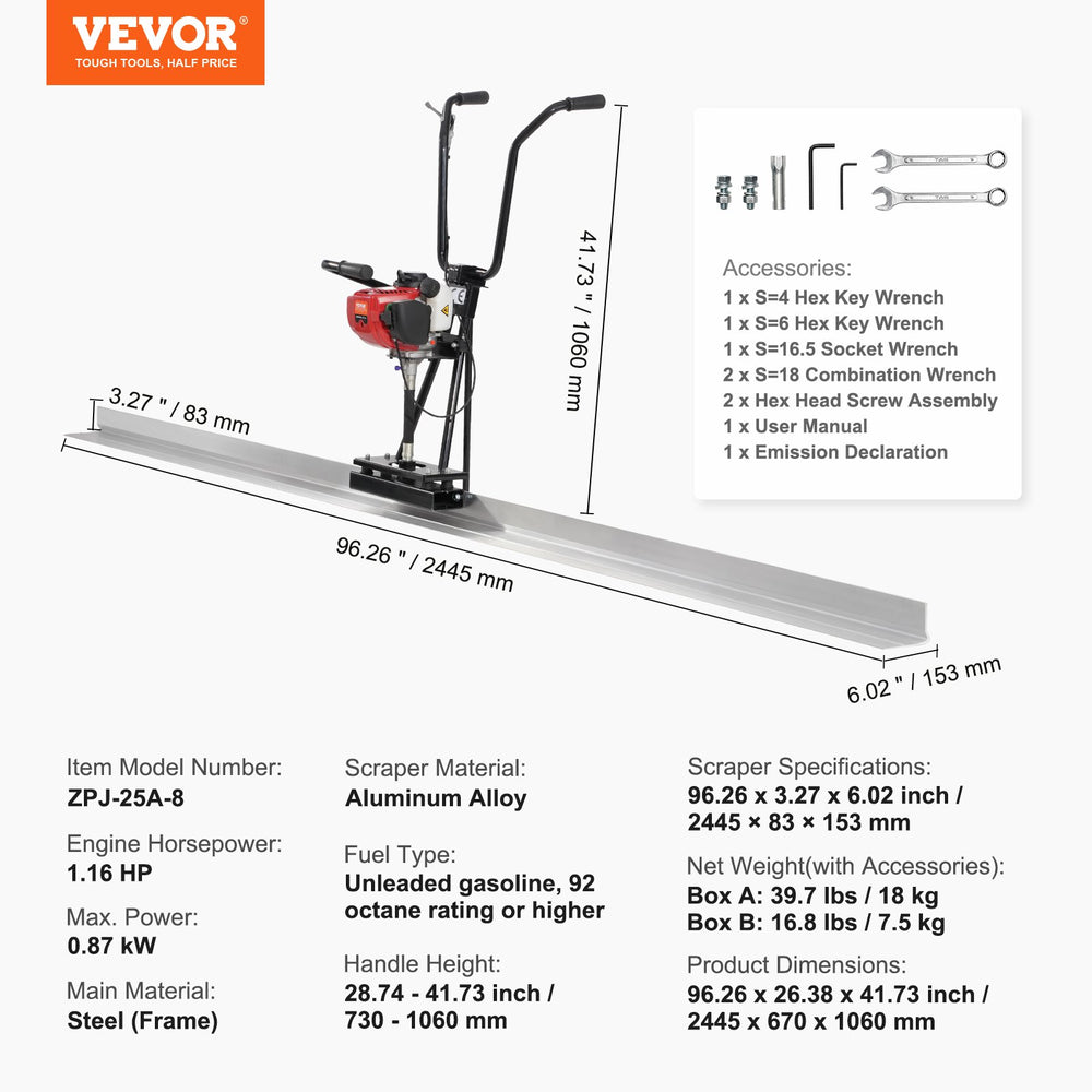 Vevor Gas Concrete Power Screed 8' Aluminum Board 4-Stroke Motor 6500 RPM Adjustable Handles New