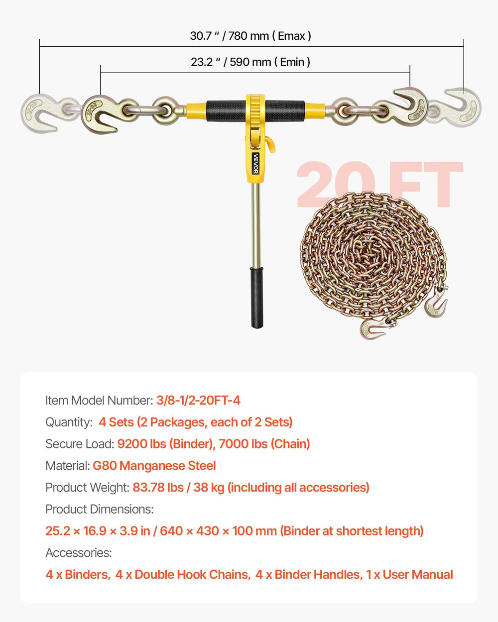 Vevor Ratchet Load Binder 4 Sets 3/8" x 20 ft. G80 Chains 9200 lbs. Working Load New
