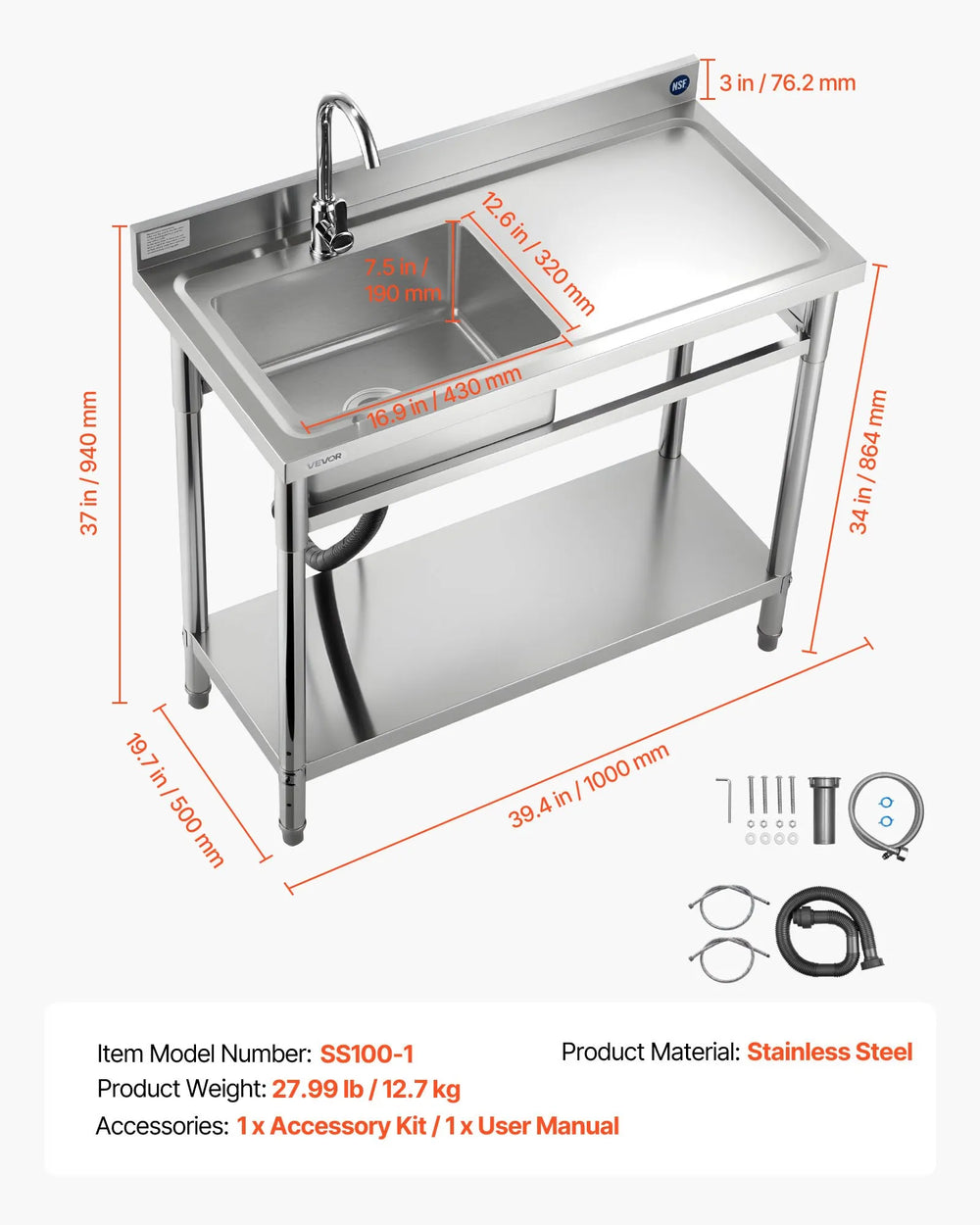 Vevor Utility Sink 39.4 x 19.7 in. with Right Drainboard Stainless Steel New