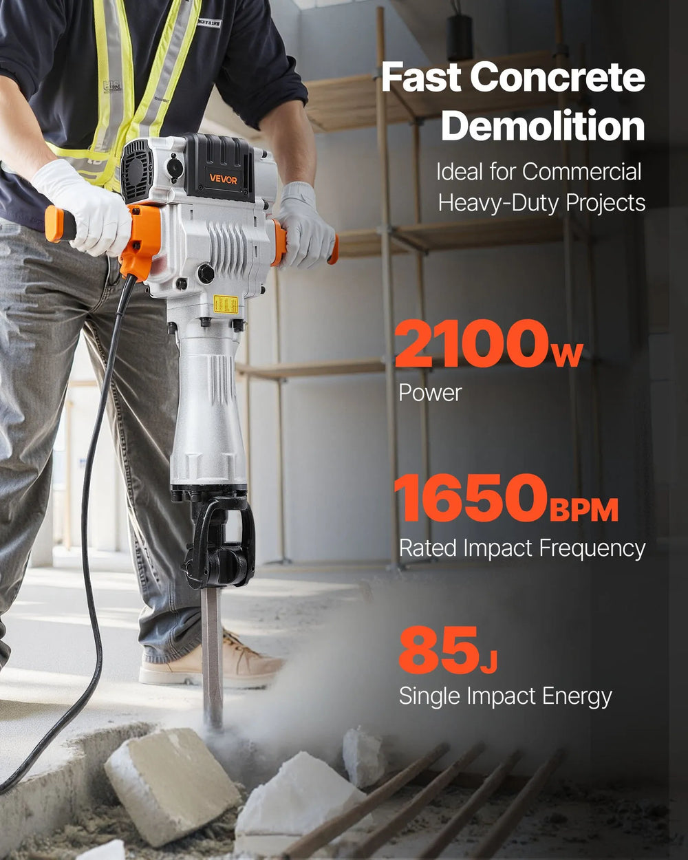 Vevor Demolition Jack Hammer with Trolley 4 Chisels 1650 BPM 2100W New