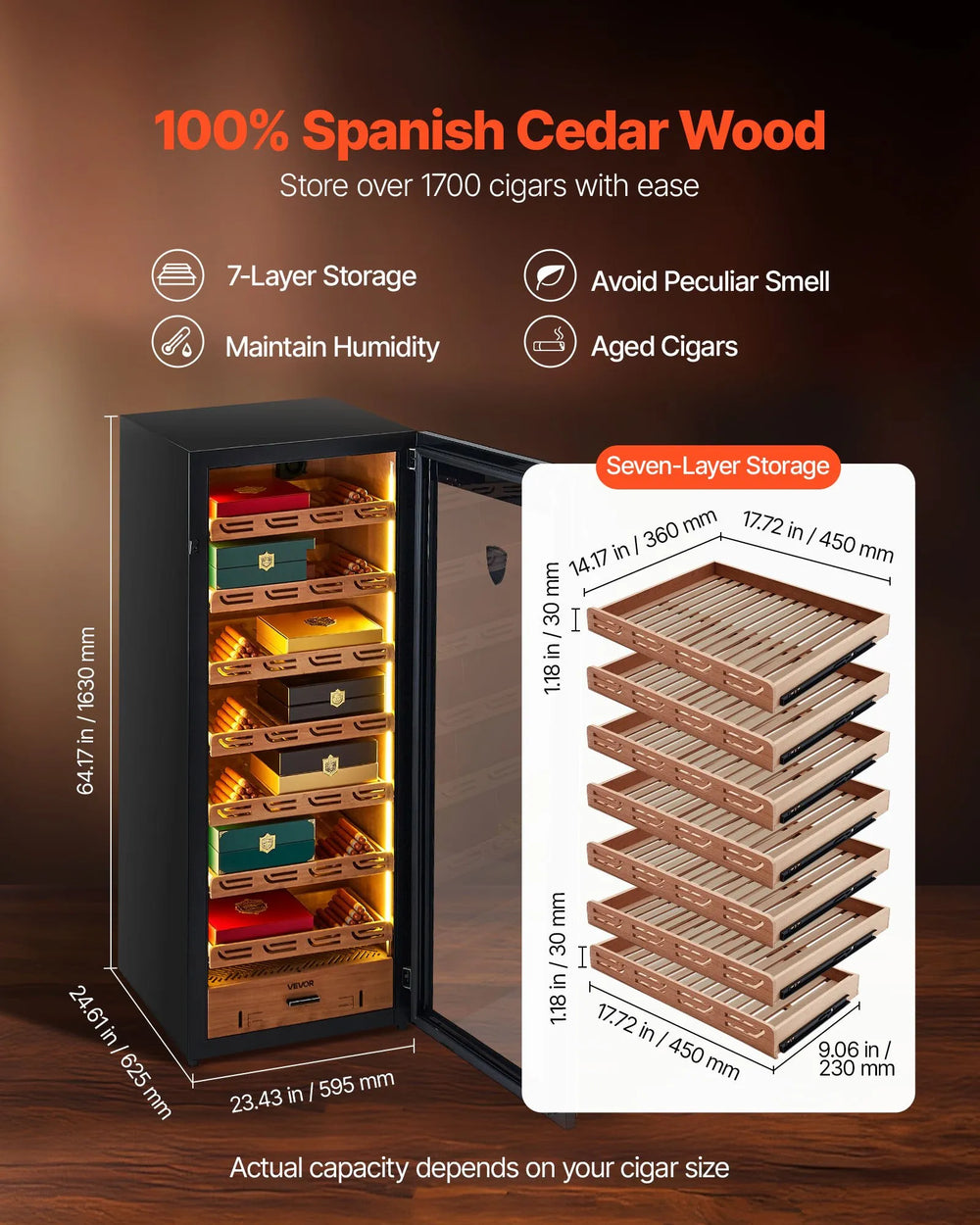 Vevor Electric Humidor Cabinet with Temp Control 7 Layers 1700 Cigar Capacity New