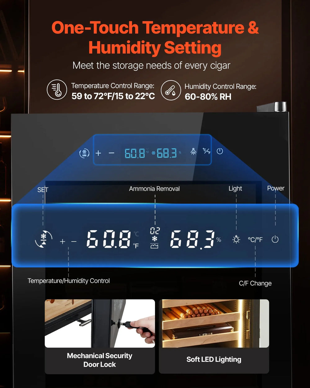 Vevor Electric Humidor 70L 400 Count Cabinet Compressor Cooling Humidity Temp Control New