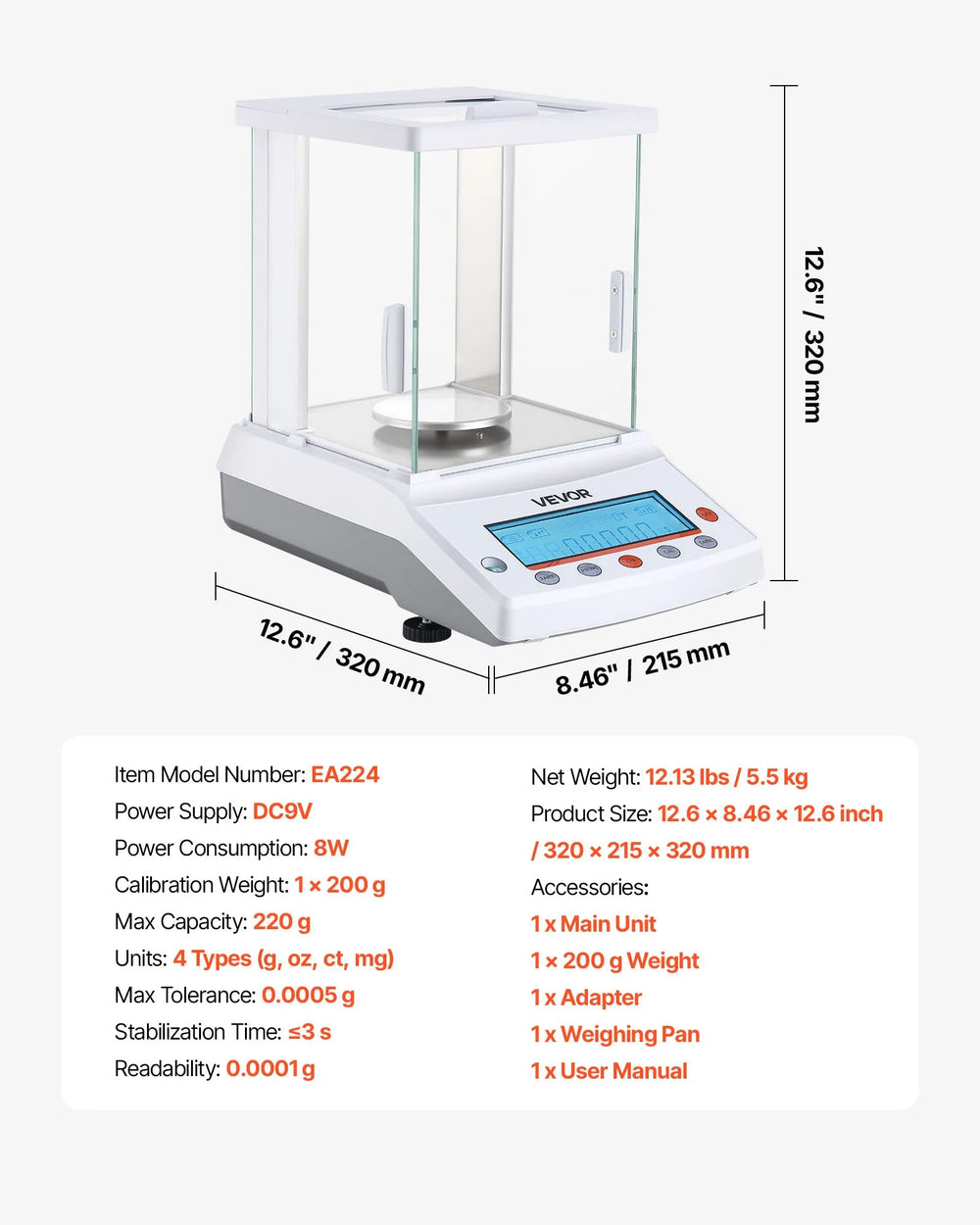 Vevor Lab Scale 220 g x 0.1 mg High Precision Accuracy with Glass Draft Shield New