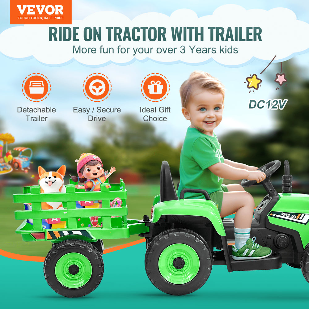 Vevor Kids Ride On Tractor 12V Electric Toy with Trailer Remote
