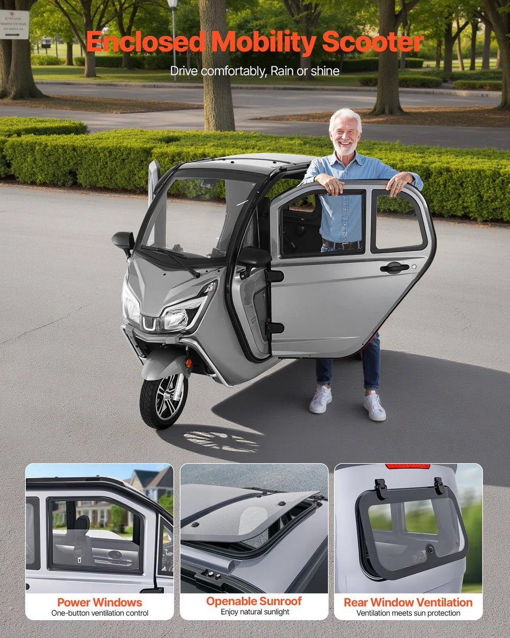Vevor Enclosed Mobility Scooter 3-Wheel 15 MPH 37 Mile Range 1500W New