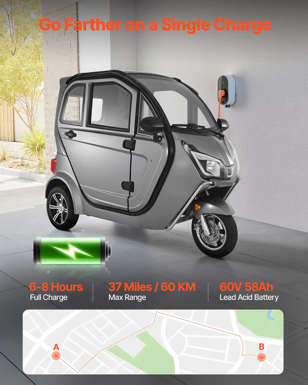 Vevor Enclosed Mobility Scooter 3-Wheel 15 MPH 37 Mile Range 1500W New