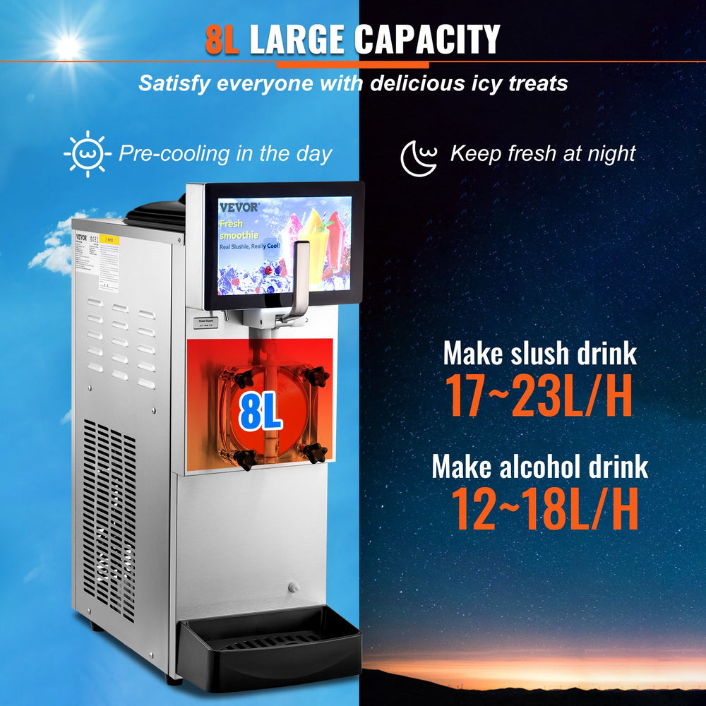 Vevor Commercial Slushy Machine 2.1 Gal. 8 L Single Tank Stainless Steel Frozen Drink Maker 1050W New