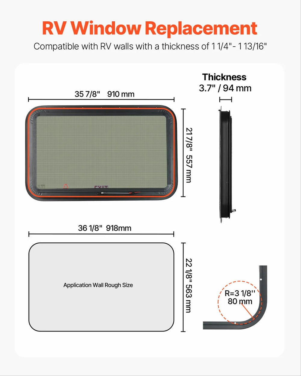 Vevor Exit RV Window 36" x 22" Emergency Push Out with Screen New