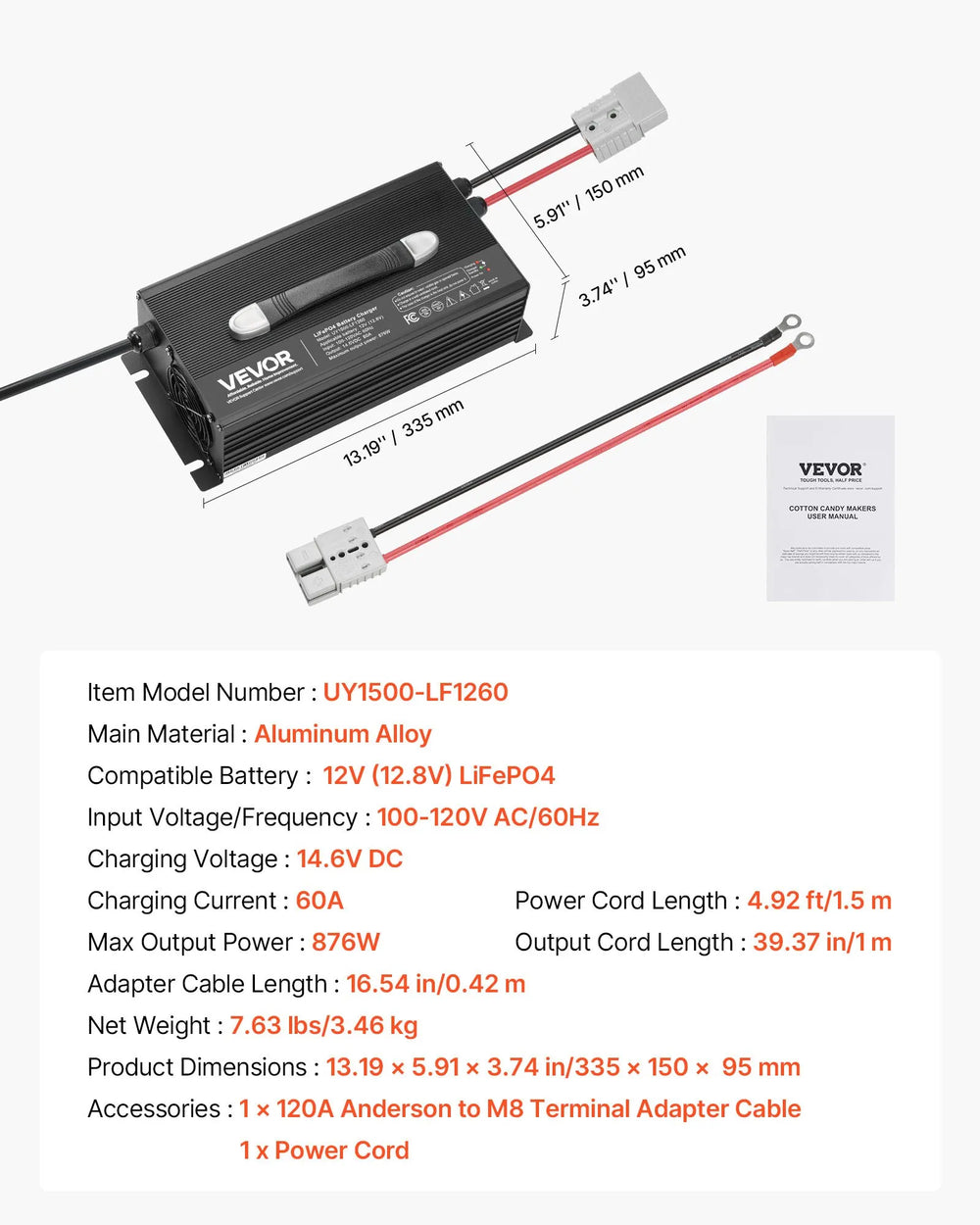 Vevor Lithium Battery Charger 12V 60A LiFePO4 with Anderson Connector New