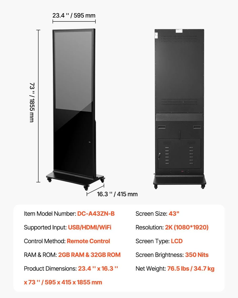 Vevor Digital Signage Display 43" Screen 2K UHD LCD Standing Kiosk New