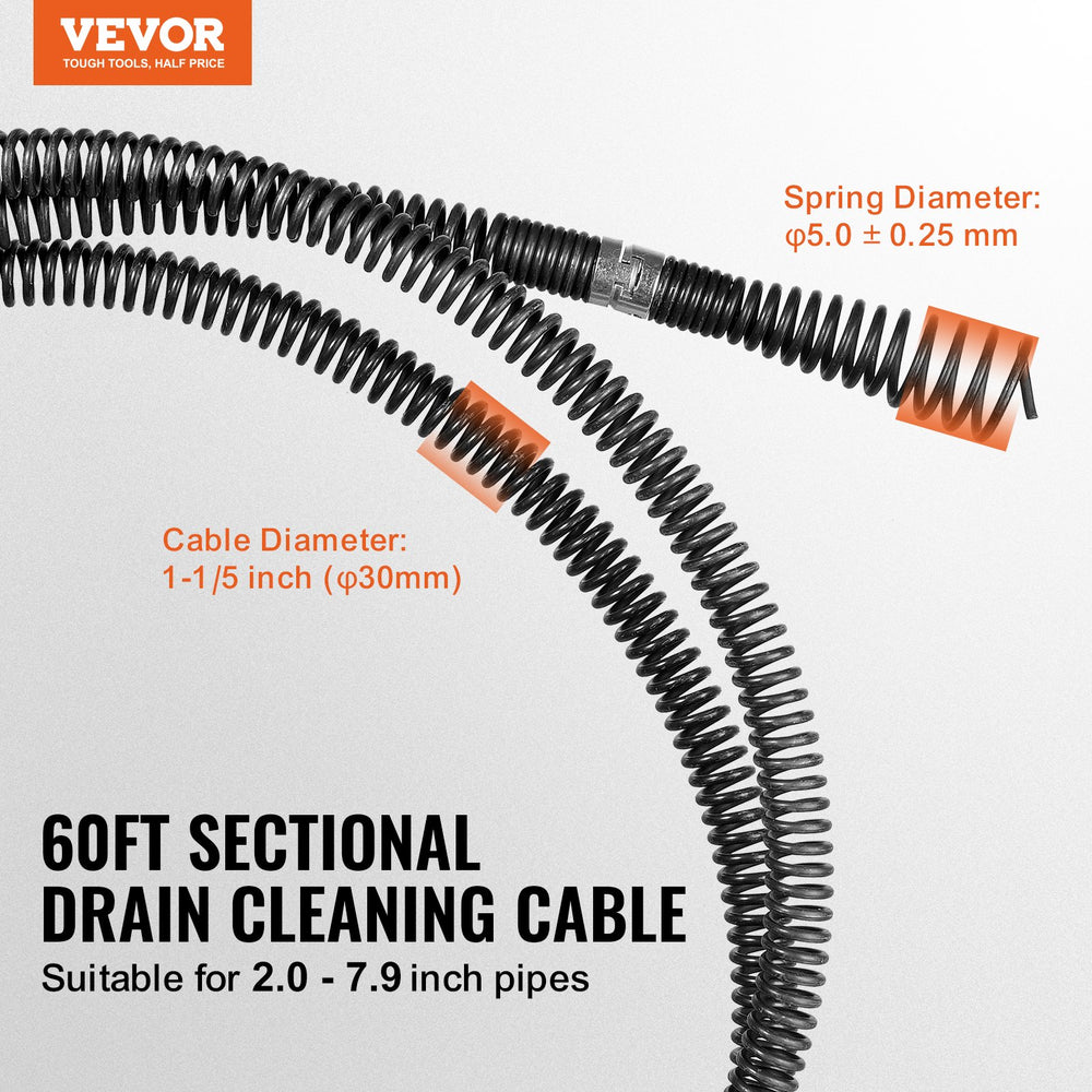 Vevor Drain Cleaning Cable 60 ft. x 1-1/5 Inch with 6 Cutters for 2" to 7.9" Pipes New