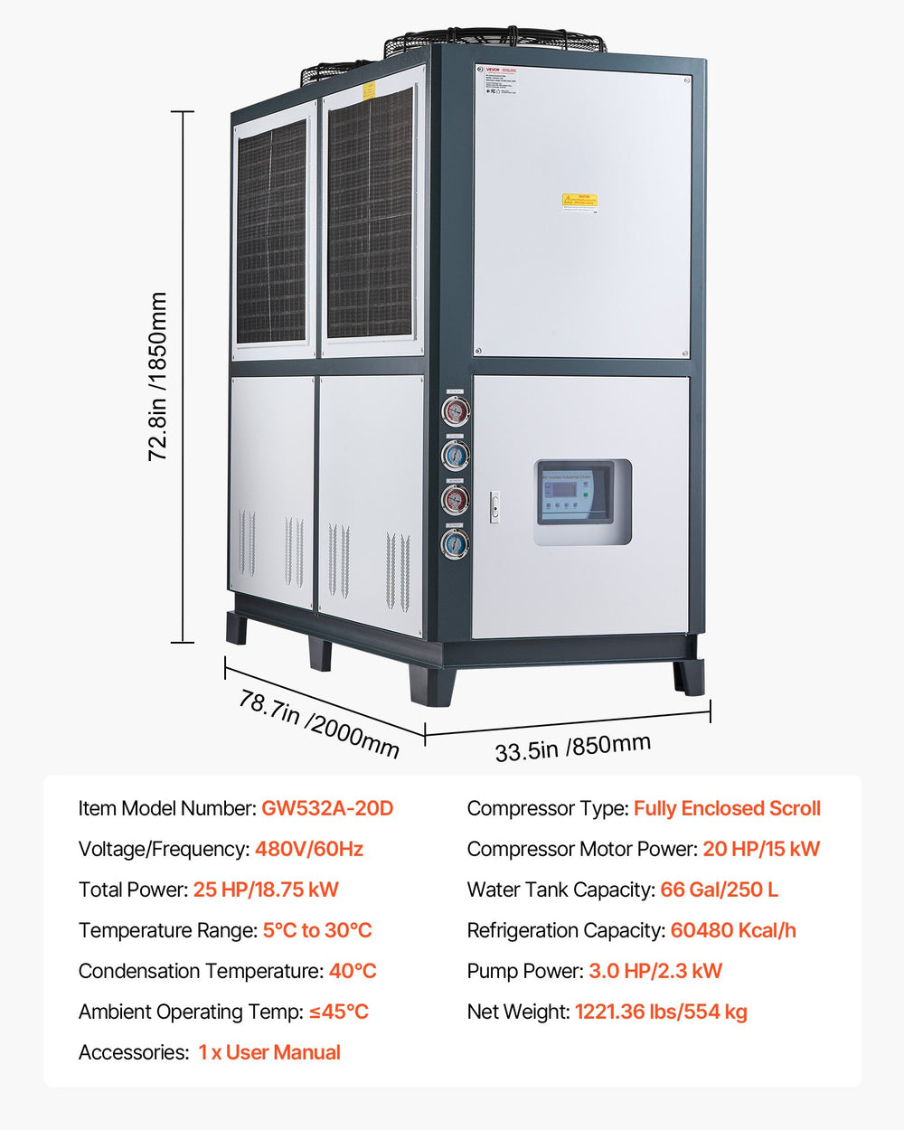Vevor Industrial Water Chiller Air-Cooled 25 HP Dual Compressor 53 Gal. Tank New