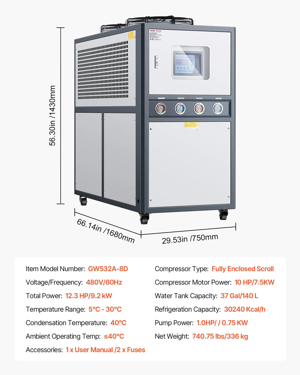 Vevor Industrial Water Chiller Air-Cooled 12.3 HP Dual Compressor 37 Gal. Tank New