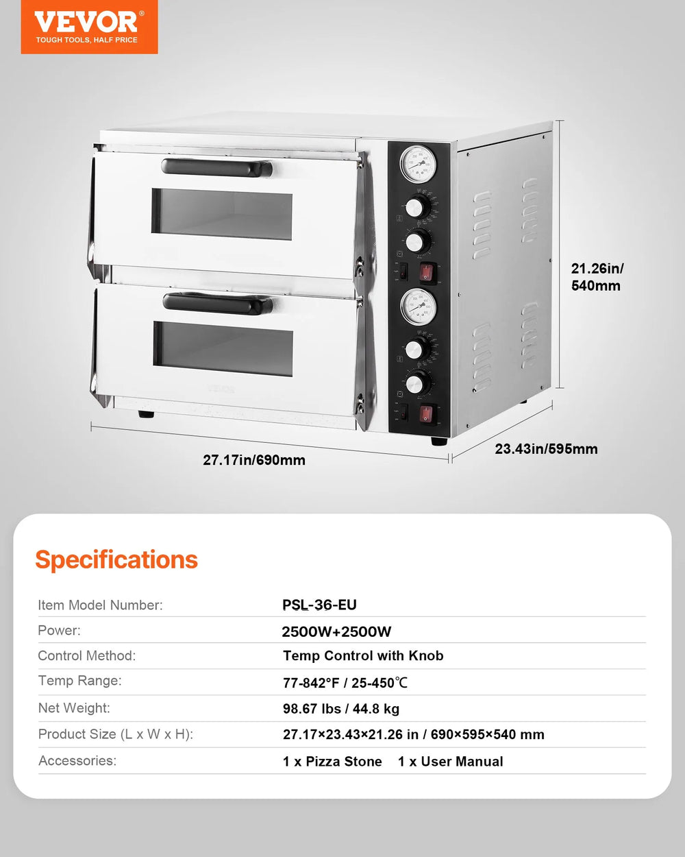 Vevor Electric Pizza Oven 18" Double-Deck with Independent Upper Lower Temp Control New