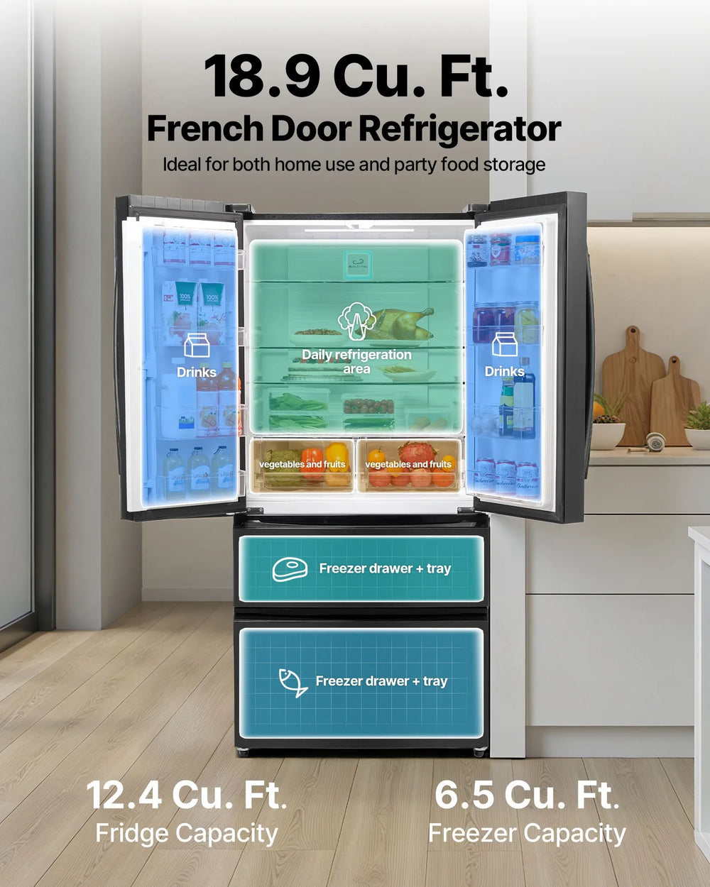 Vevor French Door Refrigerator 18.9 Cu. Ft with Double Freezer Drawers New