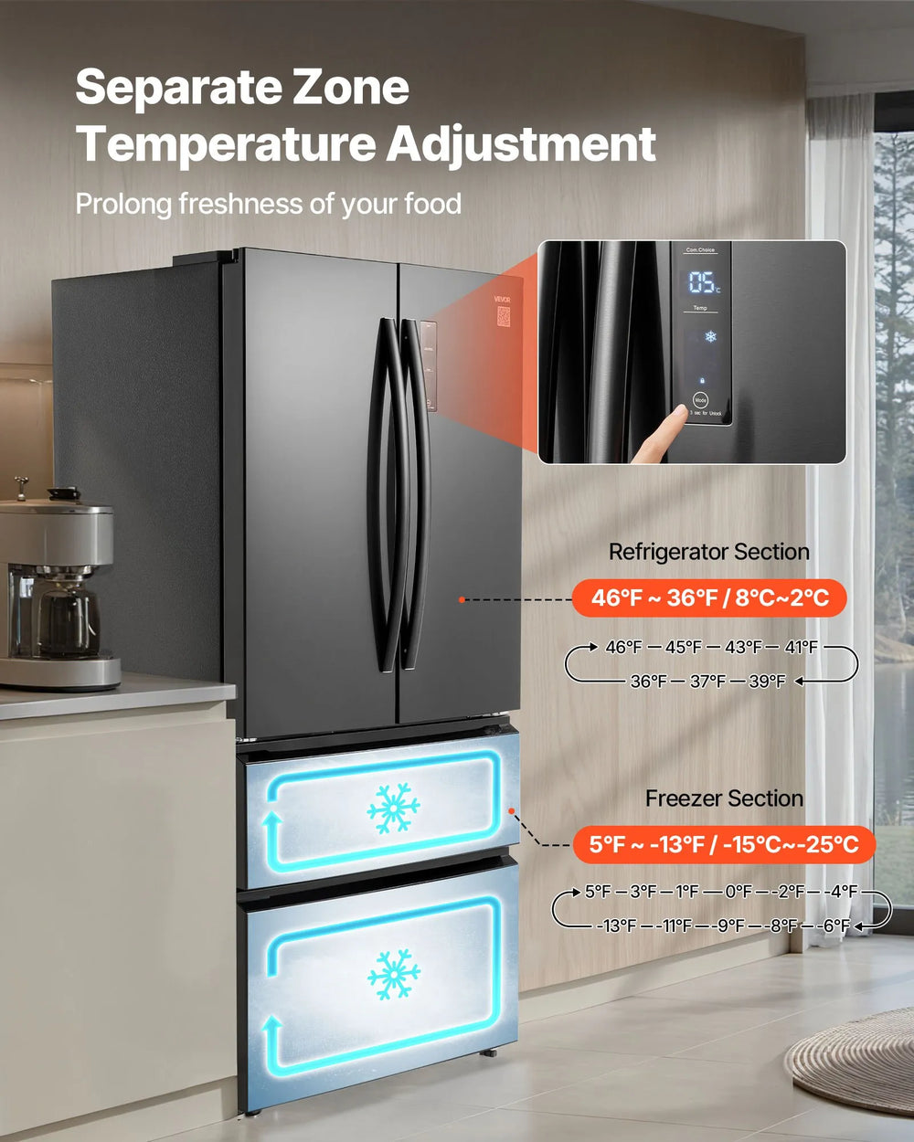 Vevor French Door Refrigerator 18.9 Cu. Ft with Double Freezer Drawers New