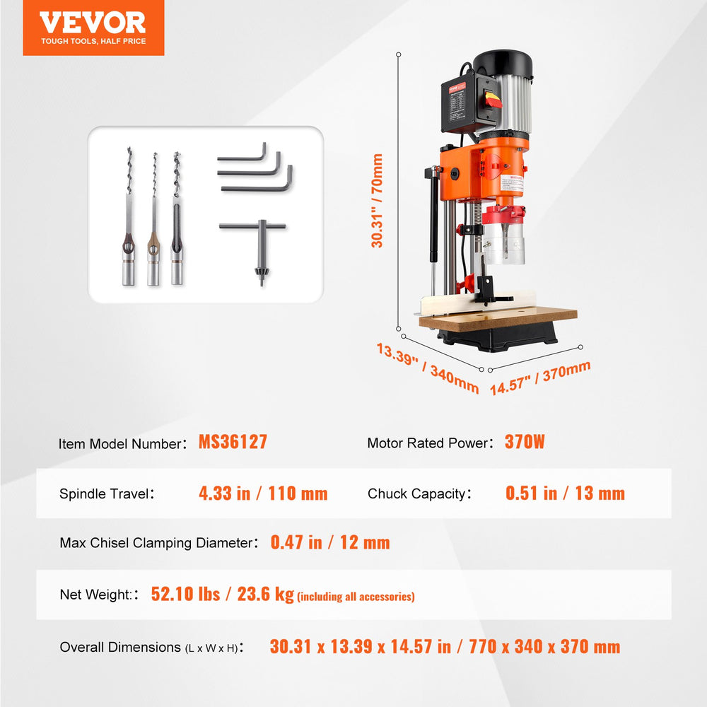 Vevor Benchtop Mortise Machine with 1/4" 3/8" 1/2" Chisels 1725 RPM 370W New